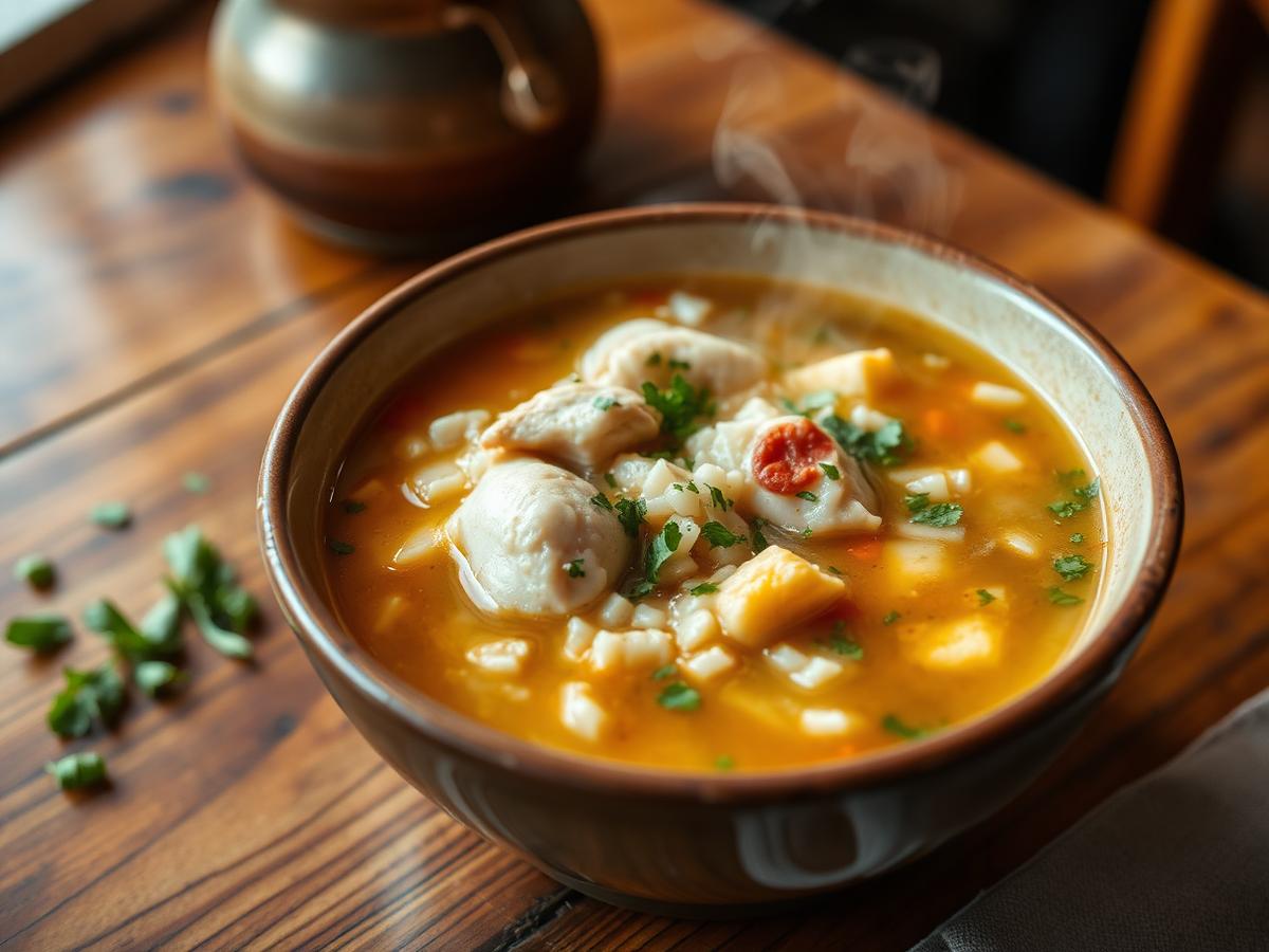 Steaming bowl of chicken and rice soup